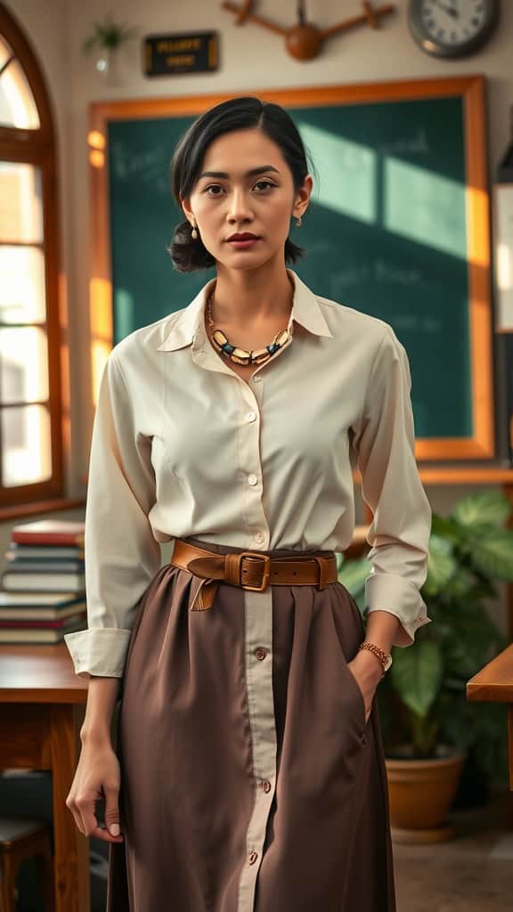 A woman in a shirt dress with a belt and statement necklace, standing in a classroom setting.