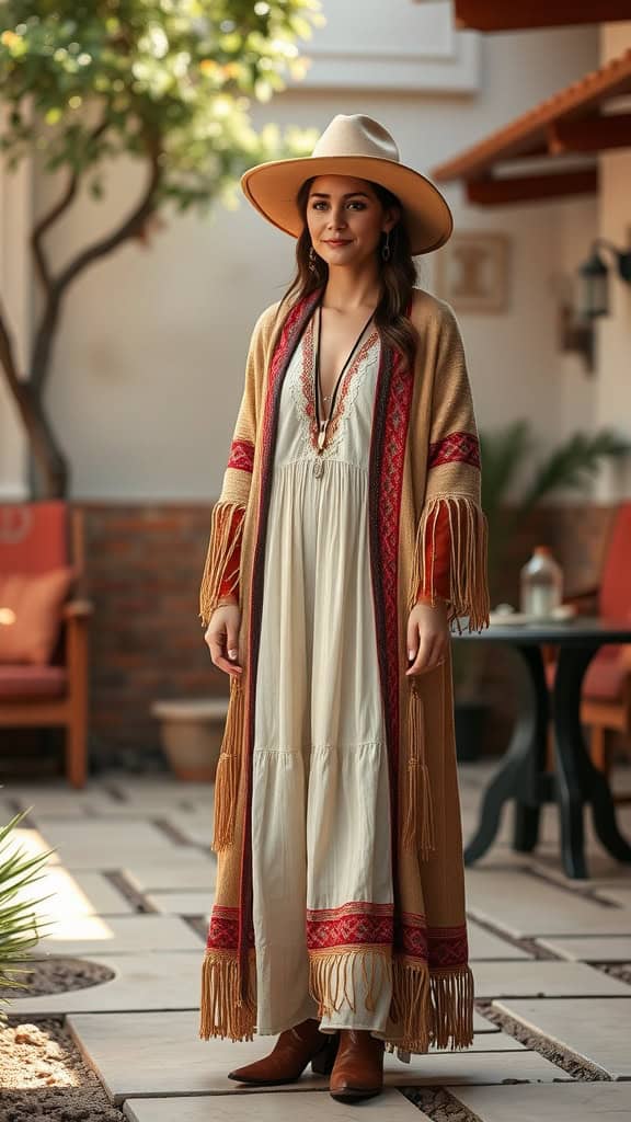 A woman in a fringe-trimmed cardigan and long dress with a wide-brimmed hat, showcasing a stylish modest western outfit.