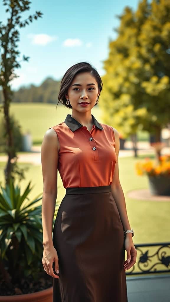 A woman in a stylish full-coverage sleeveless golf dress with a classic collar and a flowing skirt, set against a picturesque golf course backdrop.