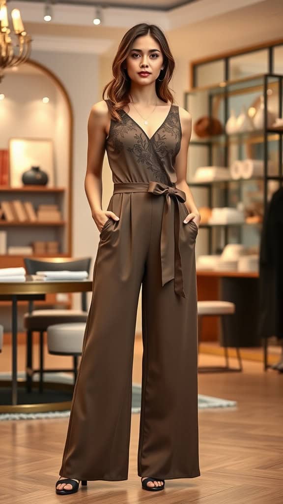 A full-length jumpsuit displayed on a mannequin, featuring a belted waist and elegant design.