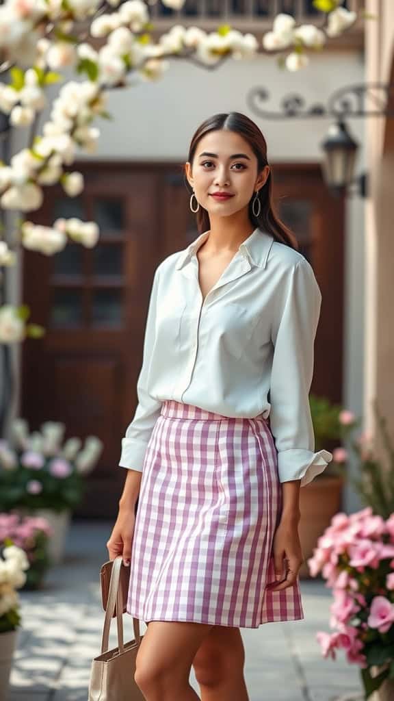 A woman posing with a gingham skirt and a white blouse, surrounded by blooming flowers.