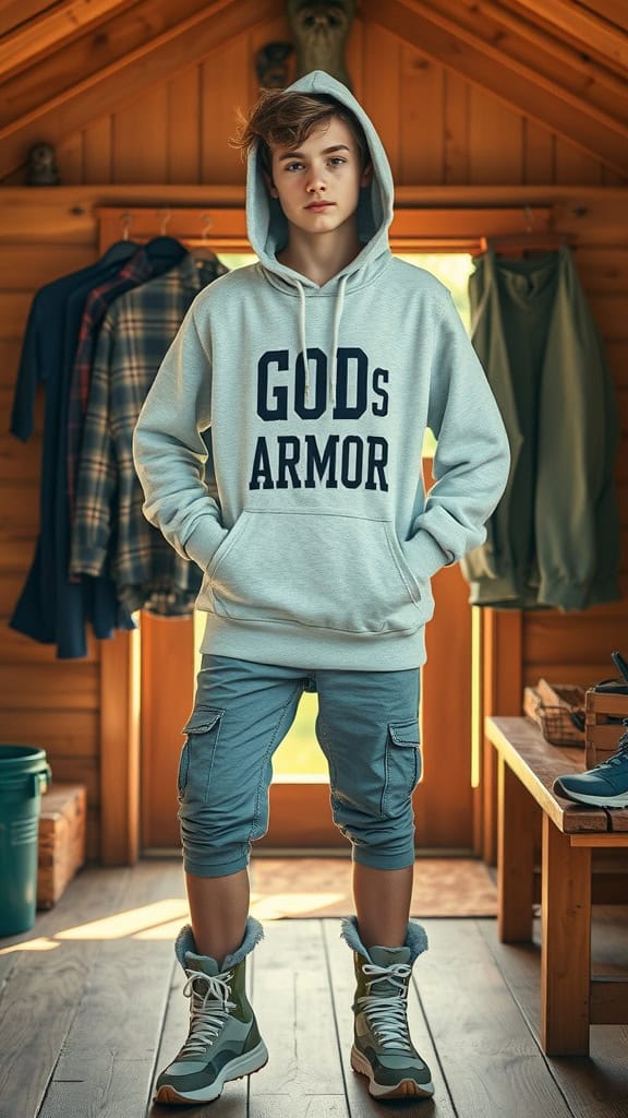 A young person wearing a grey hoodie that says 'GOD's ARMOR' with cargo shorts and stylish boots, standing in a cabin setting.