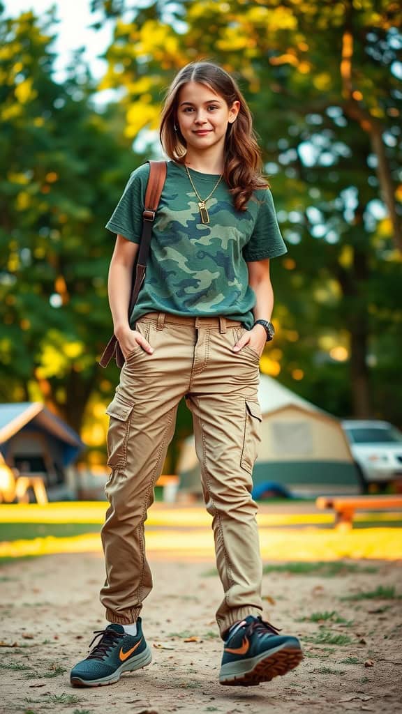 A girl wearing earth-toned cargo pants and a camo tee, standing in a campsite setting.