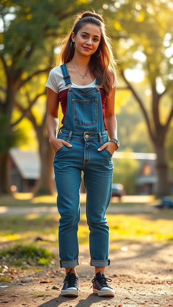 A young woman wearing denim overalls and a scripture T-shirt, standing outdoors with trees in the background.