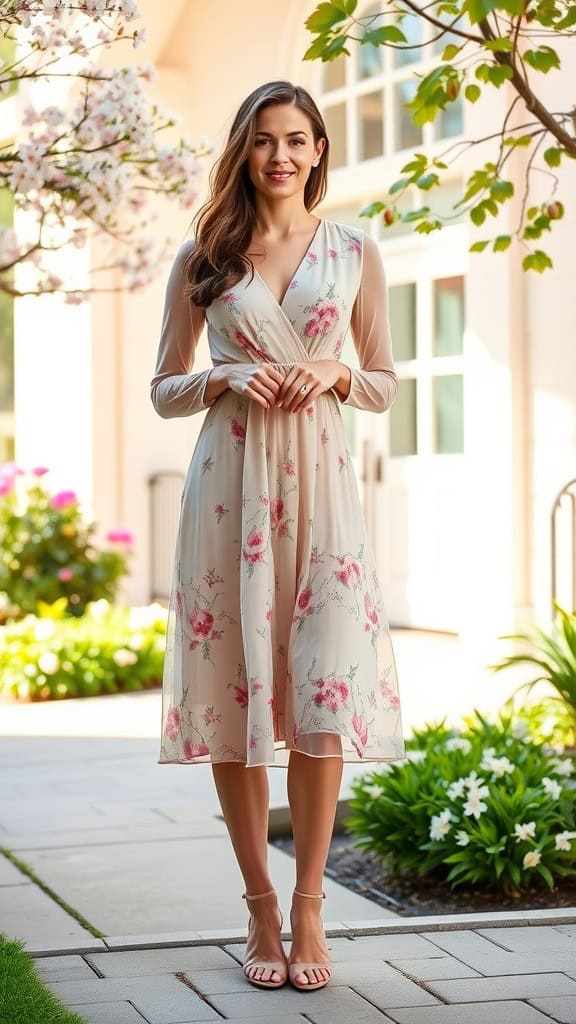 A woman in a delicate floral midi-length chiffon dress standing outside, showcasing a graceful spring church outfit.