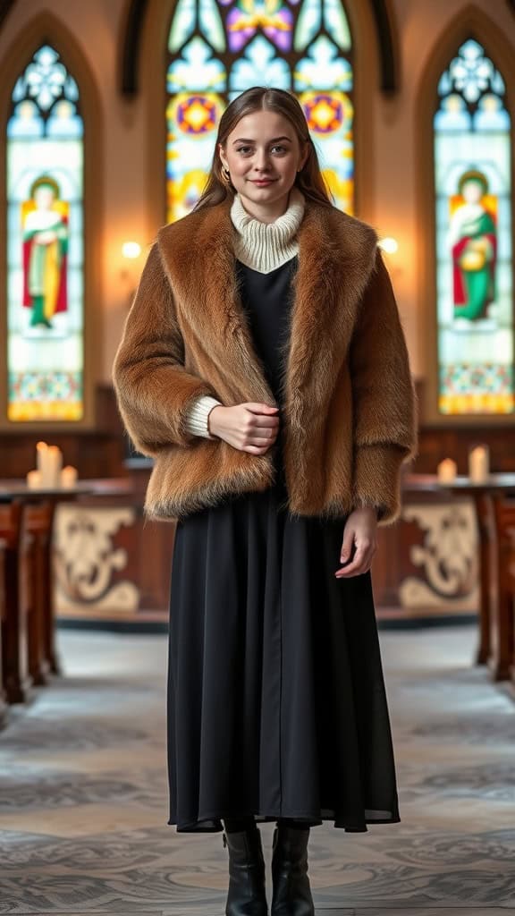 Model in a church wearing a black dress and faux fur shawl, standing in front of stained glass windows.