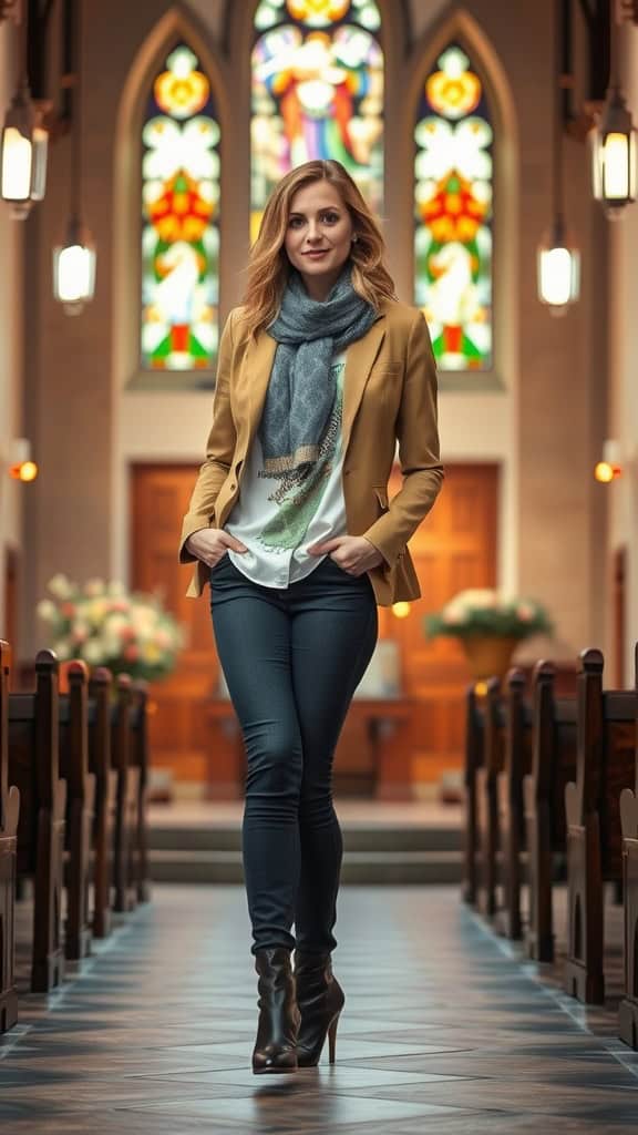 A woman wearing a graphic tee and a blazer in a church setting