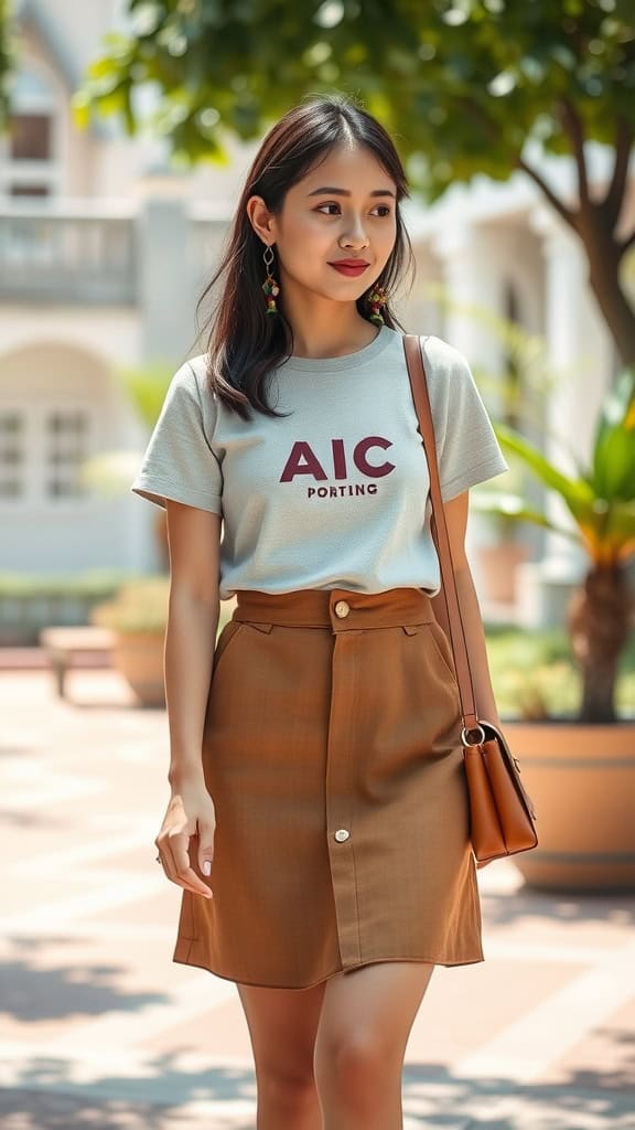 A young woman wearing a graphic tee and a high-waisted skirt, accessorized with colorful earrings, walking in a sunny outdoor setting.