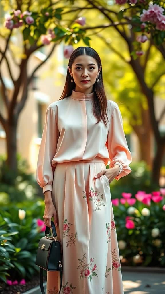 A woman wearing a high-neck blouse and flowy maxi skirt, set in a garden with flowers.