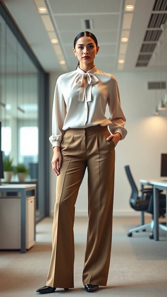 A woman wearing a high-neck blouse and wide-leg pants, showcasing a modest and elegant work outfit