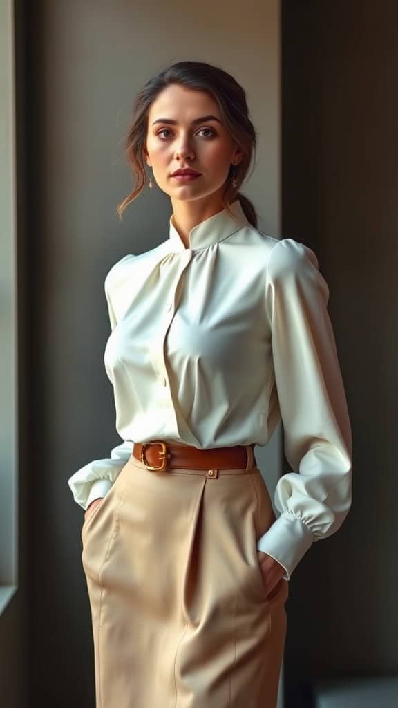 A light pink high-neck blouse paired with a flowy A-line skirt on a mannequin.