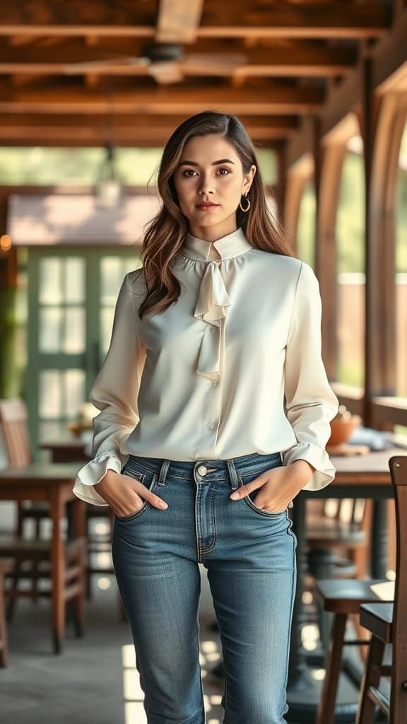 Woman wearing a high-neck blouse and bootcut jeans in a cozy setting.