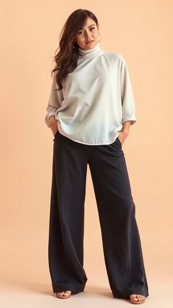 A model wearing a high-neck blouse with palazzo pants, posing against a peach background.