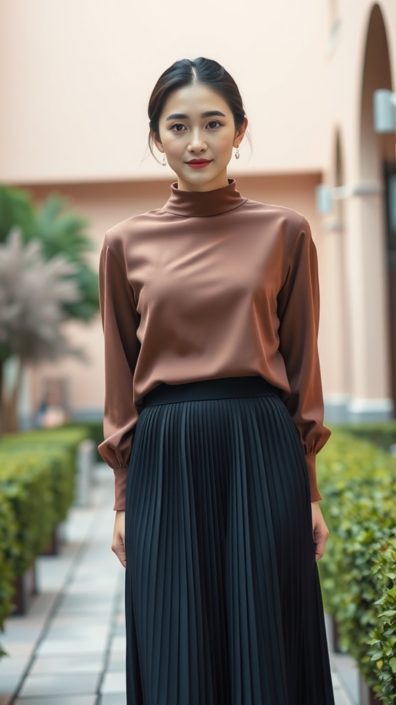 A woman wearing a high-neck brown blouse and a black pleated midi skirt, standing in a garden setting.