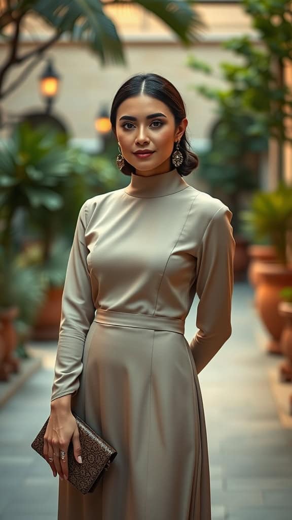 A woman in a high-neck dress standing in a garden setting, showcasing a modest yet stylish outfit paired with statement earrings and a clutch.