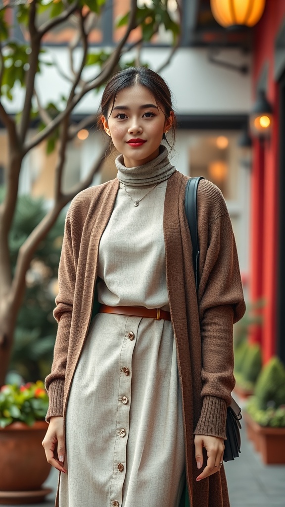 A woman in a high-neck dress layered under a brown open-front cardigan, standing outdoors.