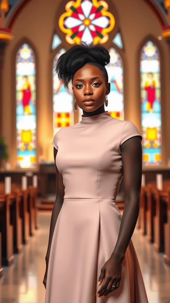 A modest high-neck fit and flare dress displayed in a church setting, featuring a simple yet elegant design.