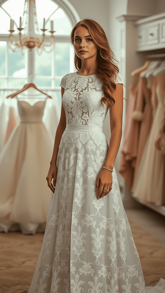 A modest high-neck lace church dress displayed on a mannequin with brown boots, set in a stylish boutique.