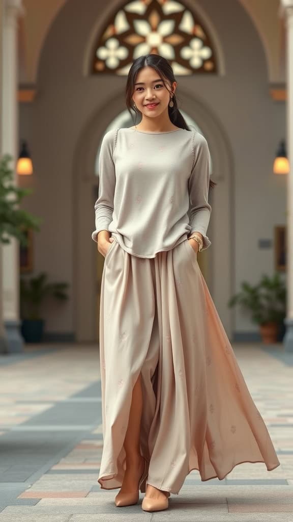 A young woman wearing a high-neck top and a flowing maxi skirt, posing in a stylish setting.