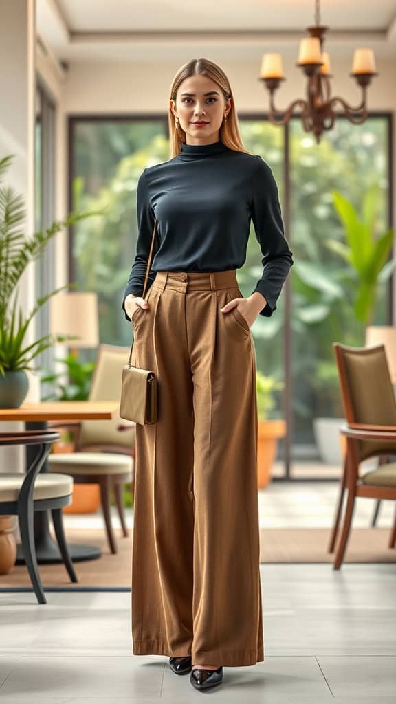 A woman in high-waist palazzo pants and a mock neck top, standing in a stylish indoor space.