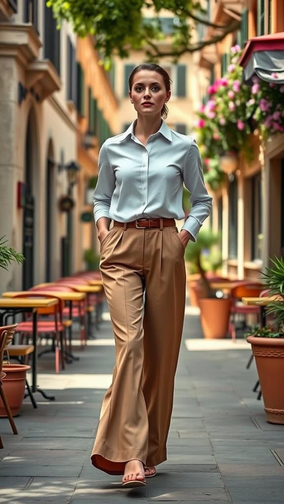 A woman in high-waist trousers and a button-down shirt walking in a picturesque European street lined with cafes and flowers.