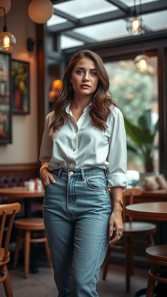 A woman wearing a tucked blouse and high-waisted jeans, posing confidently in a cafe.