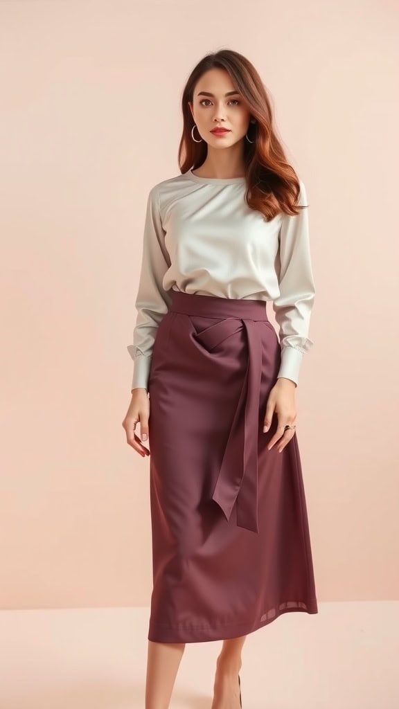 A woman wearing a high-waisted midi skirt and satin blouse in a stylish indoor setting.