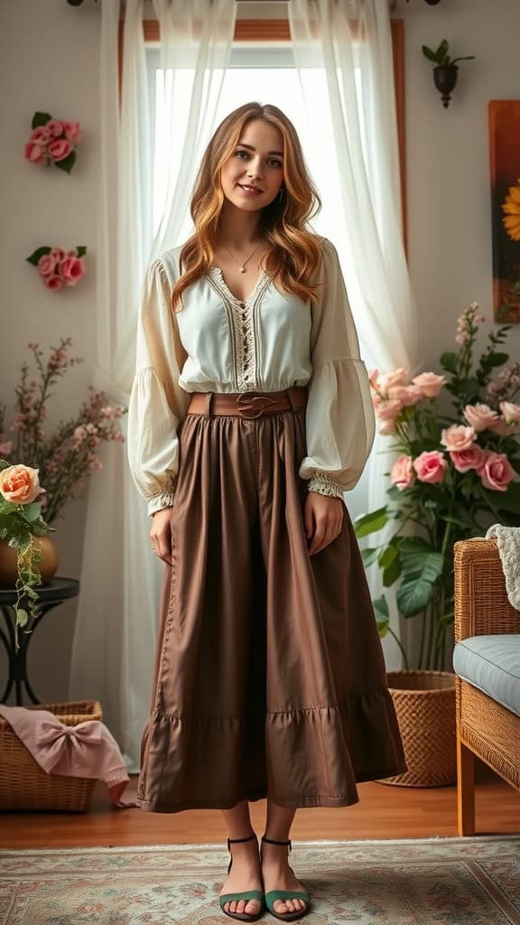 A mannequin displaying a high-waisted brown skirt and a white peasant blouse with embroidery.