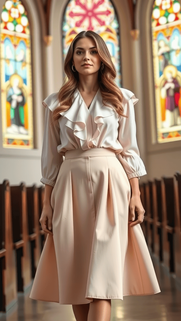 A woman wearing a high-waisted skirt and ruffle blouse in a church setting