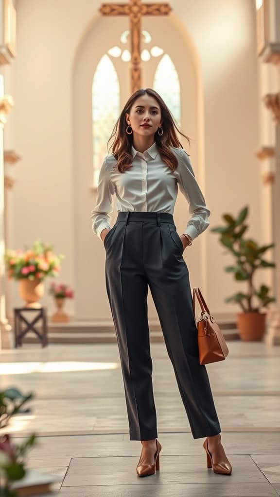 A woman wearing high-waisted trousers and a white blouse stands in a church setting, holding a handbag.