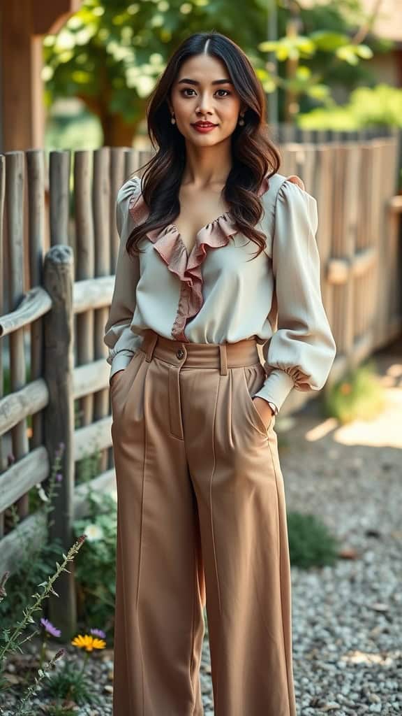 A woman wearing high-waisted wide-leg pants and a ruffled blouse, posing outdoors near a wooden fence.