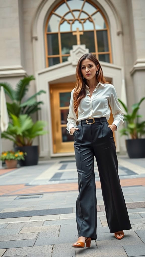 A woman in high-waisted wide-leg pants and a tucked white blouse, standing outside a church.