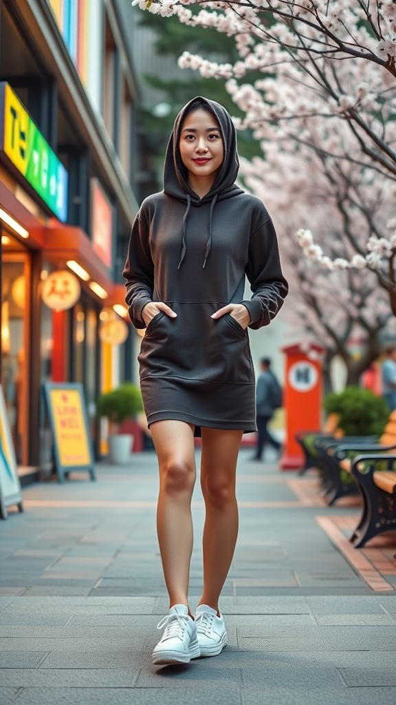 A woman wearing a gray hoodie dress and white chunky sneakers, walking through a city street lined with cherry blossom trees.