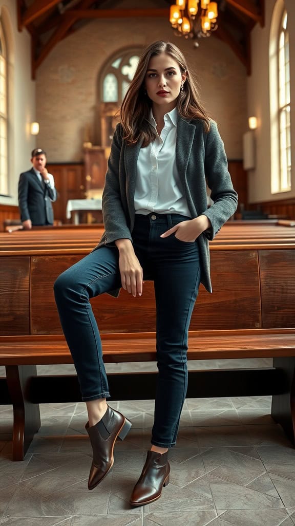 A woman in dark jeans and a white button-up shirt, standing confidently in a church setting.