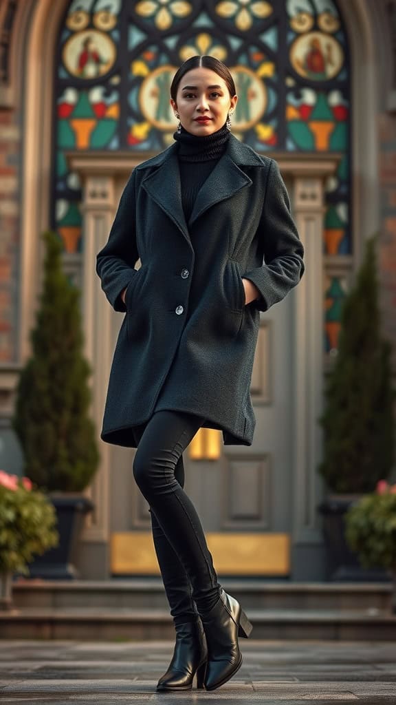 Woman in a knee-length wool coat and dark jeans standing outside a church