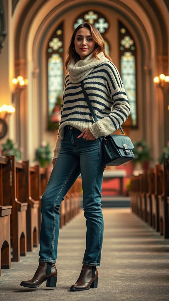 A woman wearing straight jeans and a striped sweater standing in a church