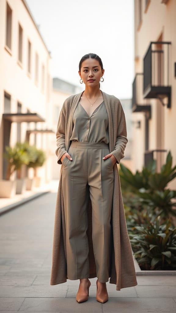 A model wearing a stylish jumpsuit and a long cardigan, standing in a modern outdoor setting.