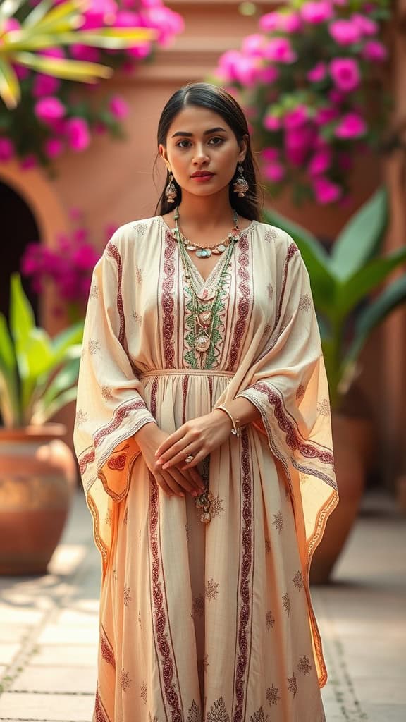 Model wearing a kaftan-style maxi dress with beaded jewelry, surrounded by vibrant flowers.