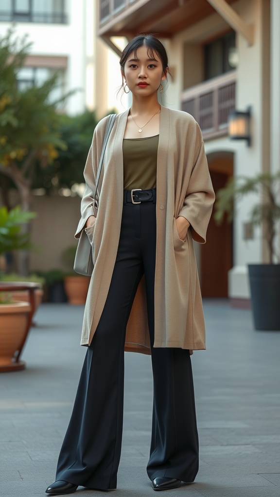 A woman wearing a kimono-style cardigan over flared pants, showcasing a modest and stylish outfit.