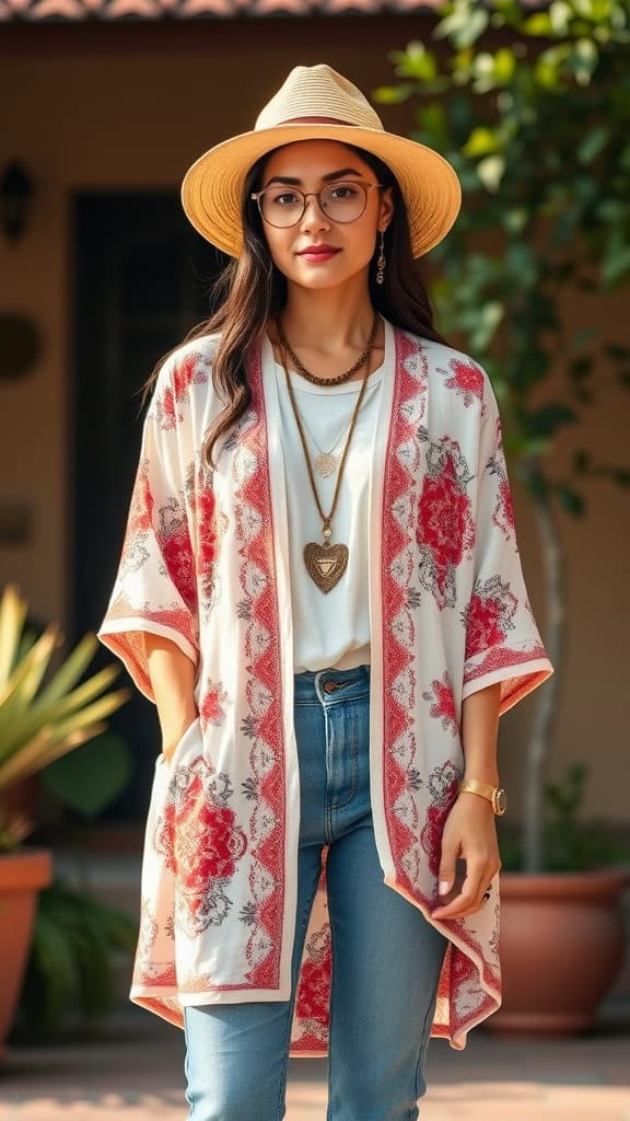 A woman wearing a kimono cardigan over a white top and jeans, accessorized with a hat and layered necklaces, showcasing a boho style.