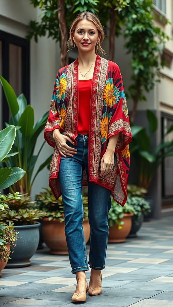 A woman wearing a vibrant kimono jacket with floral patterns, paired with straight-leg jeans and nude heels, standing in a green courtyard.