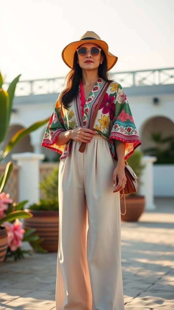 A woman wearing a colorful kimono jacket over cream culottes, accessorized with a hat and sunglasses, standing outdoors.