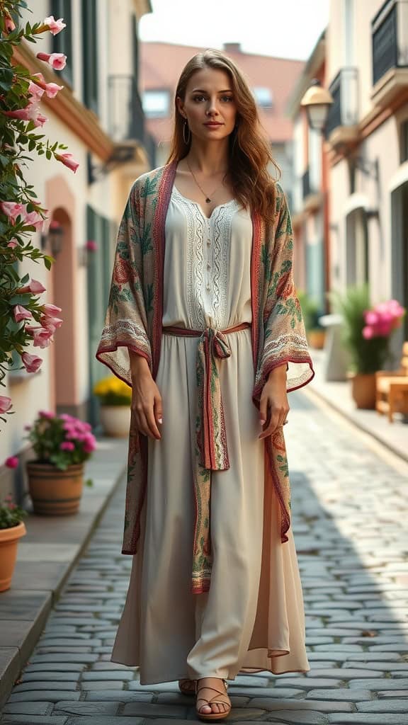 A model wearing a cream maxi dress with a colorful kimono jacket, standing in a cobblestone street lined with flowers