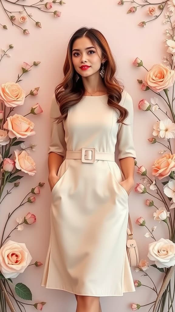 A beige knee-length dress with floral patterns displayed on a mannequin in a boutique setting, complemented by a cute belt and a pearl necklace.