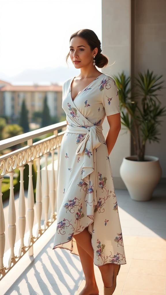 A woman in a knee-length wrap dress standing on a balcony, with floral patterns and statement earrings.