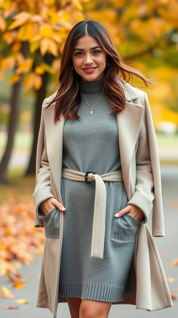 A woman wearing a knit dress and a belted coat in an autumn setting with yellow leaves.