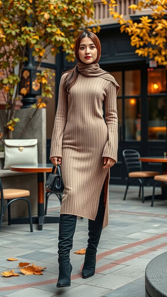 A woman wearing a beige knit midi dress with knee-high black boots, walking in a stylish urban setting