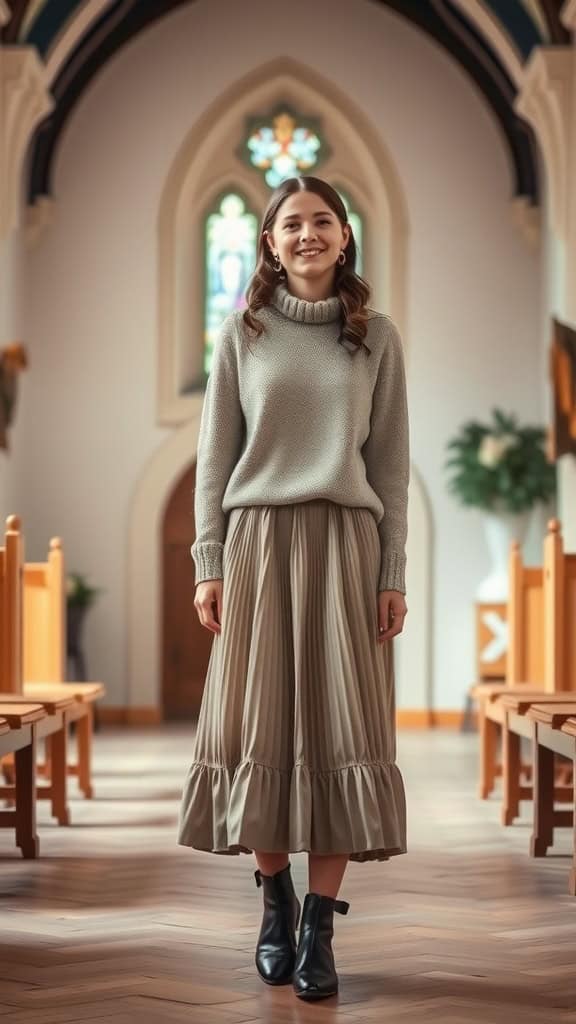 A woman in a cozy knit sweater and a pleated skirt standing inside a church, smiling.