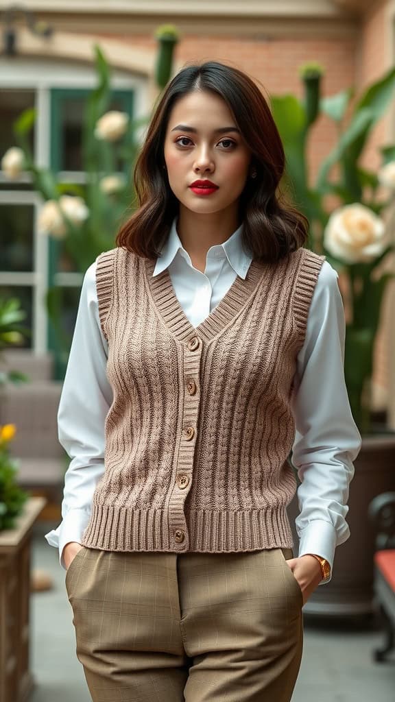 A woman wearing a knitted vest over a collared shirt and trousers, showcasing a modest old money outfit.