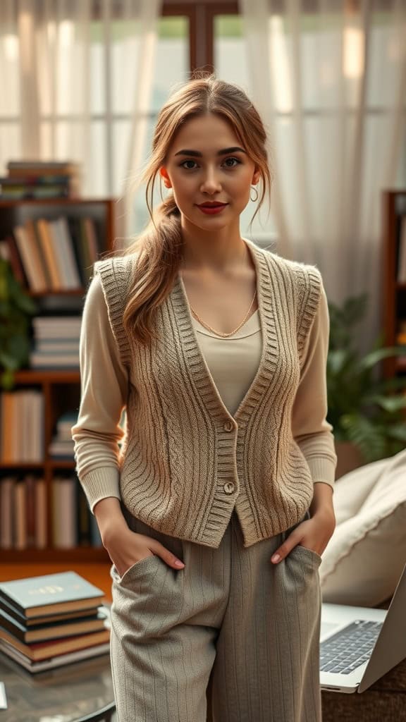 A woman wearing a knit vest over a long-sleeve top, styled in a cozy indoor setting.